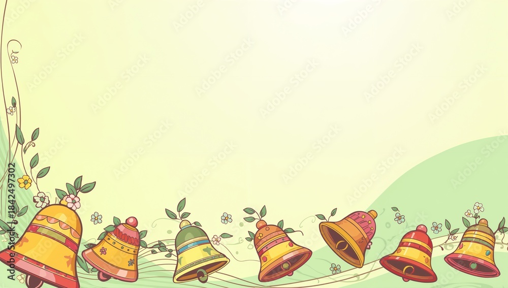 Fototapeta premium Decorating row of stylized bells lining lower edge on greeting-card banner, with vines and flowers