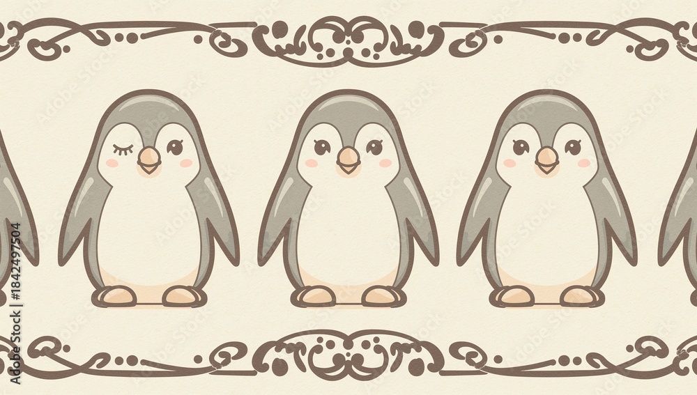 Fototapeta premium Featuring trio penguins centered on textured cream background with ornate brown borders and dots