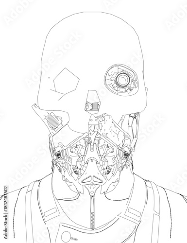 A cyborg or robot head with a detailed mask and intricate human contours. The colorful mechanical design stands out against a clean white background.