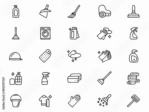 A collection of clean, modern line icons representing household cleaning supplies and tools for a fresh, tidy home.