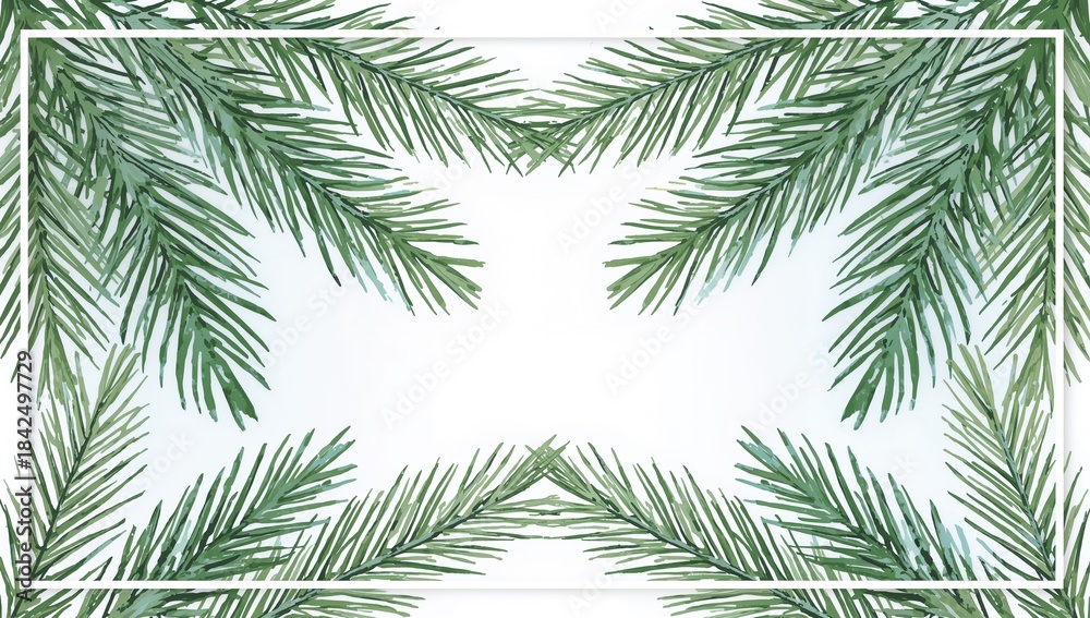 Naklejka premium Framing pine sprigs around central white rectangle on card with watercolor texture and drop shadows