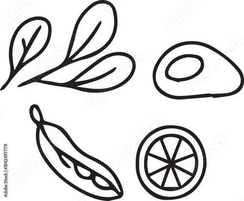 Colorful vector illustration of healthy green foods including spinach, avocado, peas, and lime. Perfect for nutrition, vegan, organic, healthy lifestyle, cooking, food blog, and educational projects.