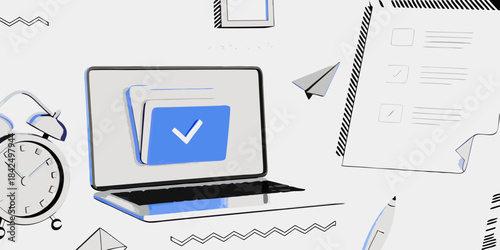 Digital organization with laptop, files, checklist, and alarm clock for efficient workflow.