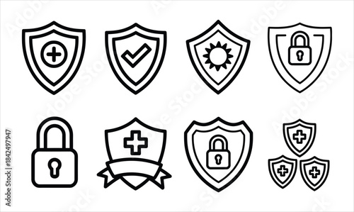 Outline icons displaying security, protection, safety, and privacy elements like shields and padlocks