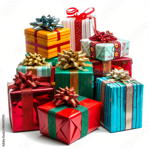 Colorful luxurious Christmas gift boxes front view isolated on white background