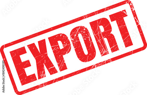 A vibrant red grunge style rectangular stamp featuring the bold word EXPORT prominently displayed on a clean white surface