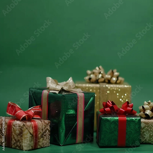 Front view of luxurious Christmas gift boxes on a green screen background