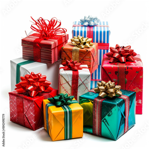 Colorful luxurious Christmas gift boxes front view isolated on white background