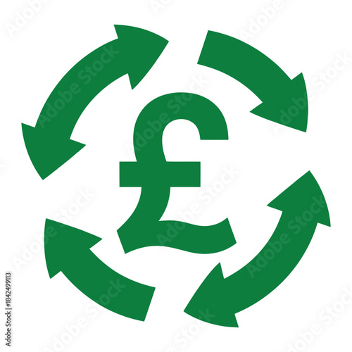 Green pound sterling currency symbol surrounded by arrows indicating financial circulation and economic flow