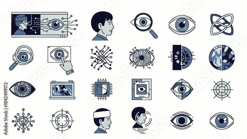 Collection of abstract digital eye icons representing surveillance, technology, and data analysis in a modern world.