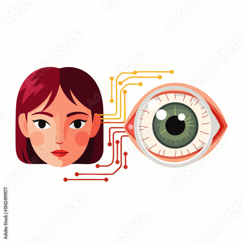 Close-up of a woman's face connected to a human eye via digital circuits, symbolizing advanced technology.