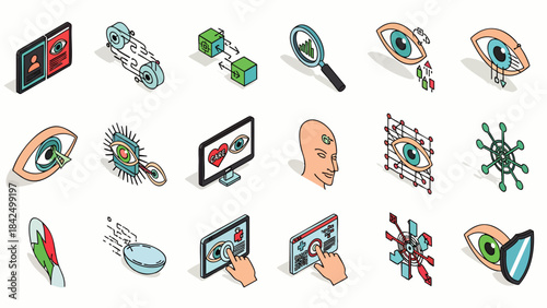 Collection of isometric icons representing technology, data, security, and artificial intelligence concepts.