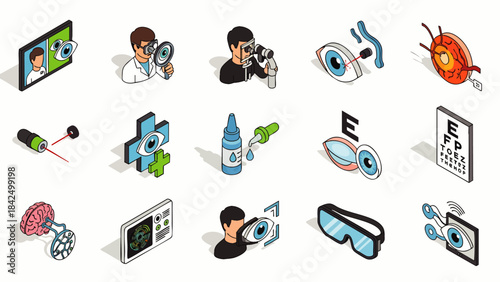 Collection of isometric icons representing optometry and eye care diagnostics, vision testing, and medical equipment.
