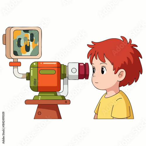 Curious young boy with red hair looks through a vintage animated film projector, exploring creativity and imagination.