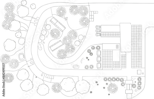 Top-down architectural drawing of a park landscape with trees benches and buildings Keywords: park, landscape, architecture