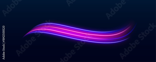 Curved light trails flow like ribbons, sparkling with vivid energy. Each twist emits radiant glow. Ideal for futuristic posters and banners.