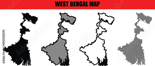 West Bengal Map Collection in Different Styles Isolated on White Background Vector Illustration