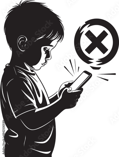 Silhouette of a child using a smartphone with a prohibition symbol overhead