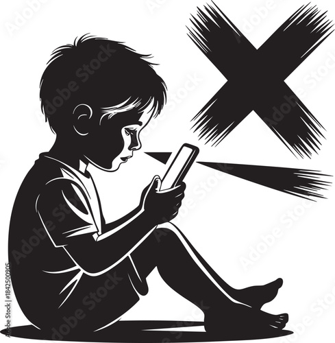 A young boy engrossed in a mobile phone with a large x symbol overhead