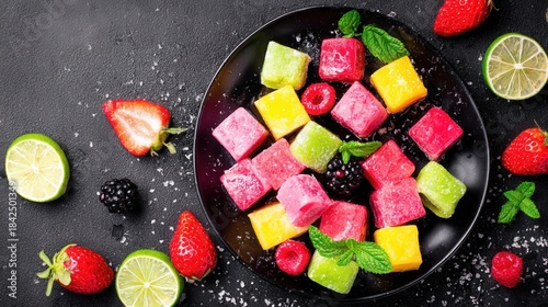 Fruit cubes berries on black plate