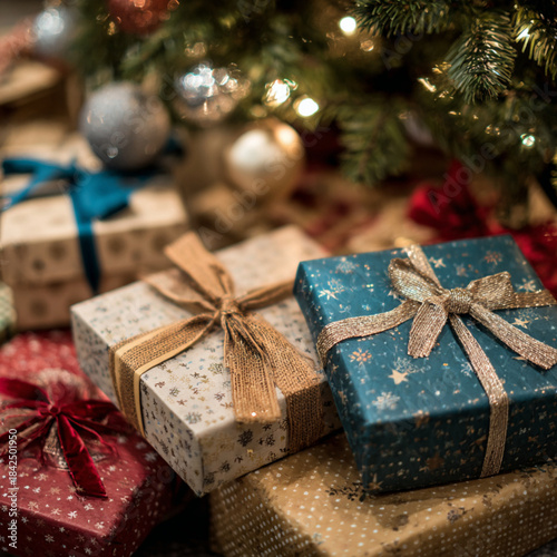 Close-Up Christmas Presents Under a Festive Tree