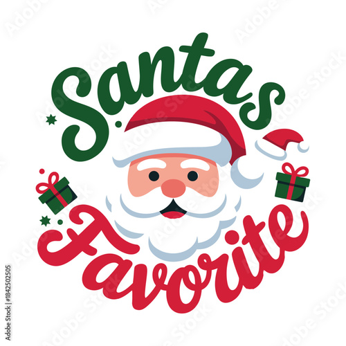 Santa claus face with gift and festive elements.