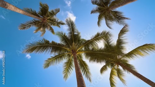 Wallpaper Mural Low angle view of palm trees swaying gently in the tropical breeze against a bright blue sky and sun flare. Torontodigital.ca