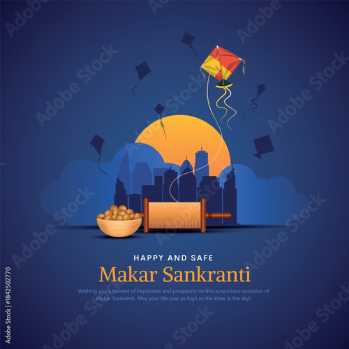 Makar Sankranti Poster design with string, ladoo and cityscape. Makar Sankranti is a Hindu harvest festival celebrated across India. Creative vector illustration.