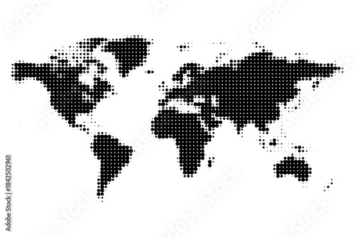 Halftone world map made of black dots, minimalist global geography illustration isolated on white background, modern abstract design for business, data, travel and technology concepts.