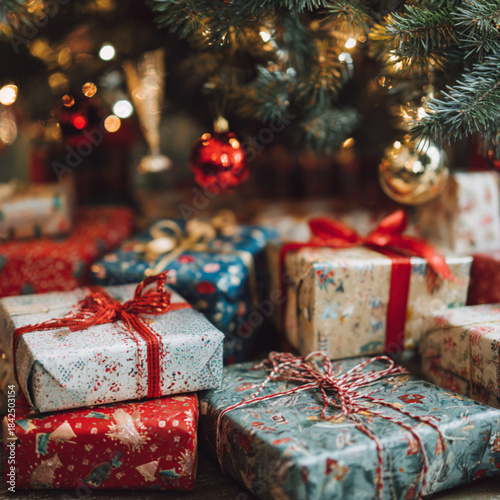 Close-Up Christmas Presents Under a Festive Tree