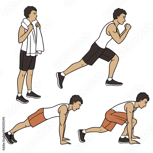 A man demonstrating various bodyweight exercises and workout poses.