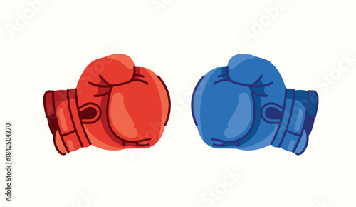 Illustration of red and blue boxing gloves, two boxing gloves colliding, concept of sports and fighting competition.