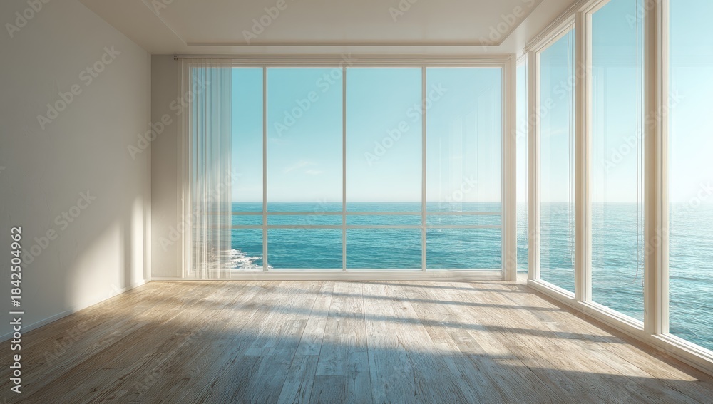 Fototapeta premium Spacious room with large windows overlooking a calm ocean