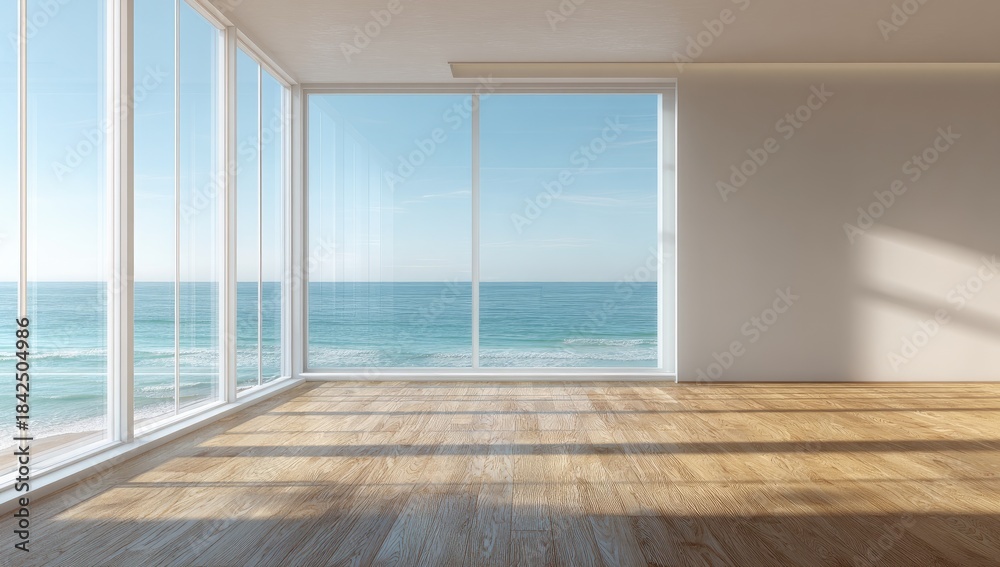 Fototapeta premium Sunlit spacious room with expansive windows overlooking a calm ocean