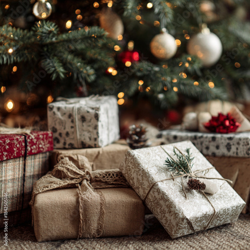 Close-Up Christmas Presents Under a Festive Tree