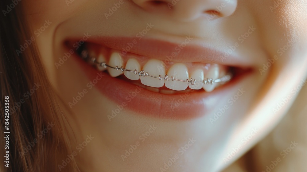 Obraz premium Confident Smile with Braces. Close-Up of a Woman's Smile Showcasing Orthodontic Treatment. Dental Health, Braces