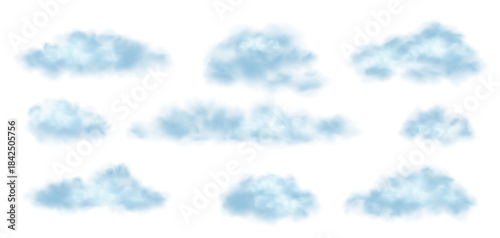Set of Vector Realistic Cloud, Smoke or Fog. Fluffy Cloudscape. Overlay Transparent Cloud. Transparent BG
