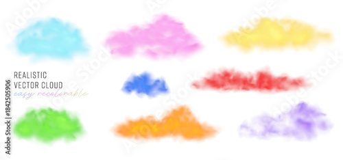 Set of Vector Realistic Cloud, Smoke or Fog. Fluffy Cloudscape. Color Overlay Transparent Cloud. Easy Recolorable Design Element. Transparent BG