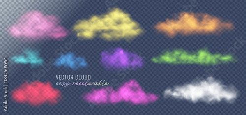 Set of Vector Realistic Cloud, Smoke or Fog. Fluffy Cloudscape. Color Overlay Transparent Cloud. Easy Recolorable Design Element.