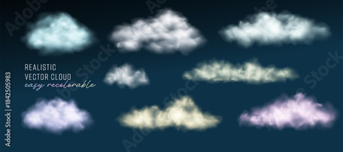 Set of Vector Realistic Cloud, Smoke or Fog. Fluffy Cloudscape. Overlay Transparent Cloud.