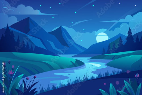 Enchanting night view of a river flowing through a mountain valley with a full moon landscape mountains