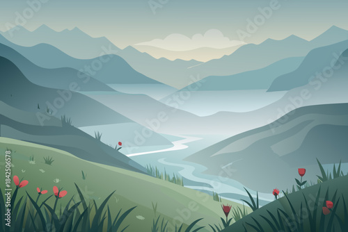 Expansive Mountain Valley Landscape with Winding River and Red Flowers nature mountains