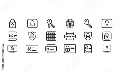 A comprehensive collection of line icons representing digital security, passwords, and user authentication on white