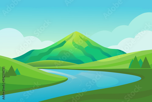 Green rolling hills and a winding blue river under a bright sky with clouds nature landscape
