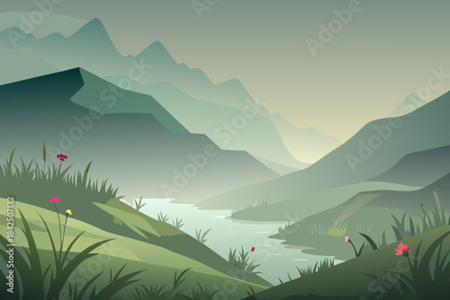 Verdant Mountain Valley with River and Pink Wildflowers at Sunrise landscape nature