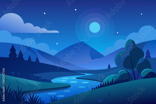 Winding river through a mountainous landscape under a starry night sky with a bright moon mountains valley