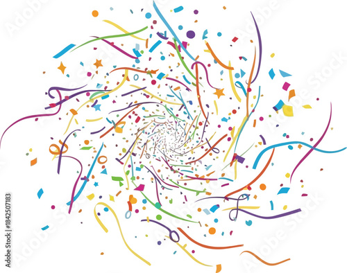 Vibrant multicolored confetti and streamers swirling together