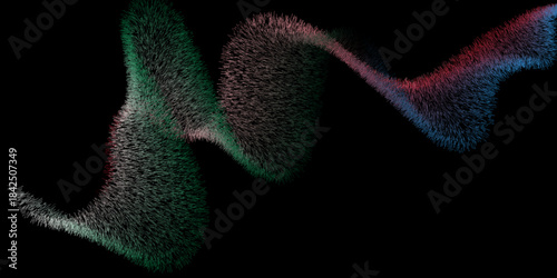 Abstract flowing particle wave made of thousands of fine hair-like strands forming a smooth S-curve, transitioning from green to pink to blue on a pure black background, dynamic motion, soft lighting