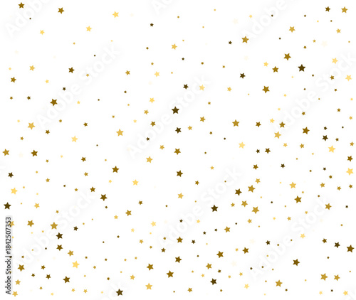 Gold stars confetti falling on white background. Festive celebration pattern for Christmas or New Year. Vector illustration