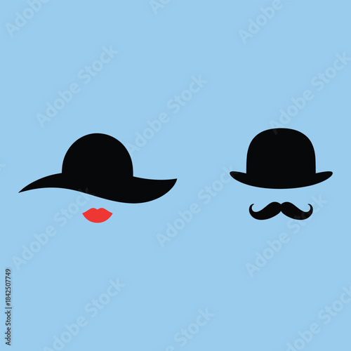 A simple illustration featuring a black silhouette of a womans hat and red lips alongside a mans bowler hat and mustache